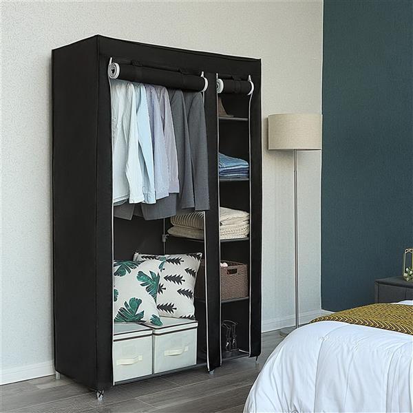 Spacious 67-inch portable wardrobe closet organizer featuring a sturdy steel frame, multiple fabric shelves, and a central hanging rod, covered in breathable non-woven fabric with a zippered front cover in gray