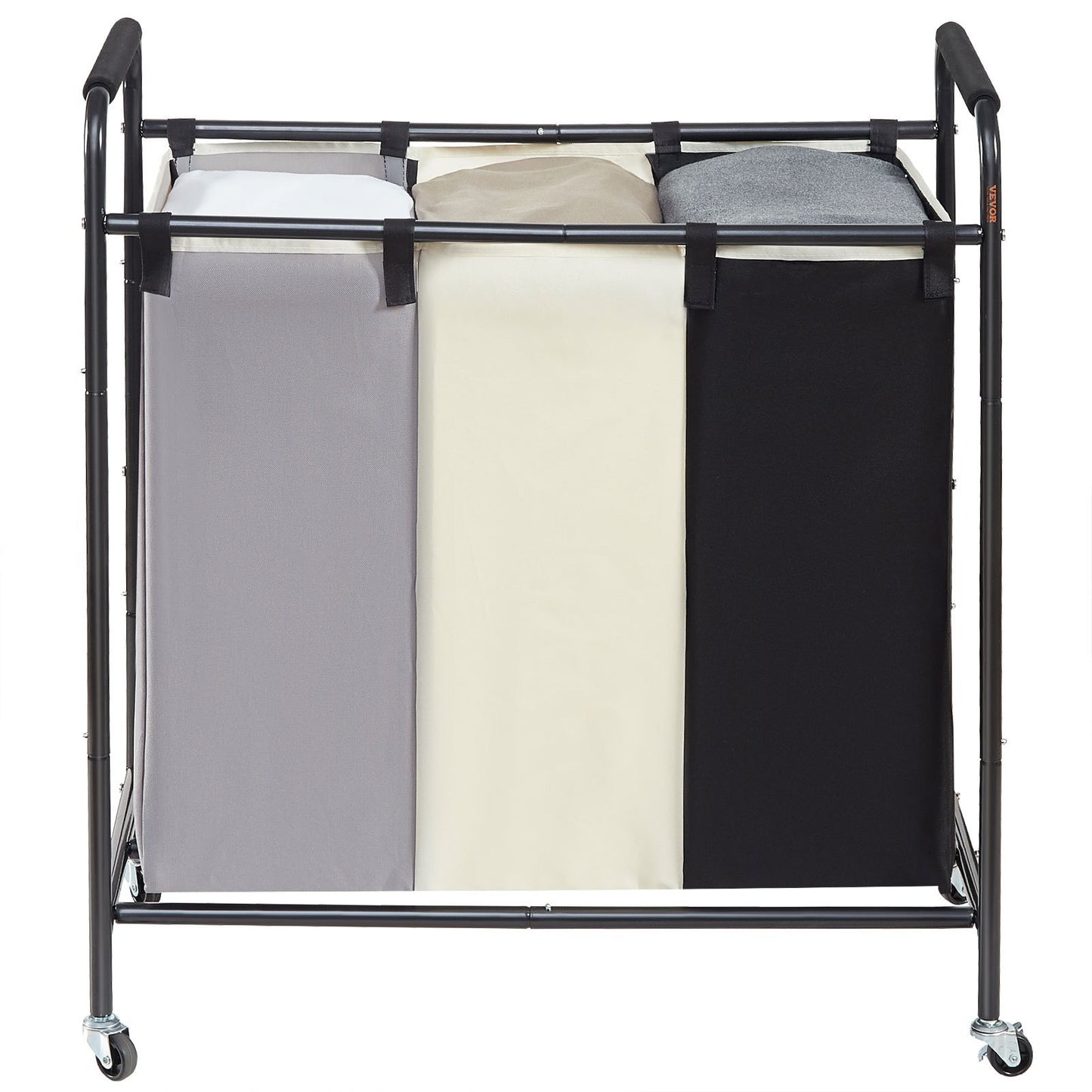 VEVOR 3-section rolling laundry hamper with heavy-duty metal frame, removable sorting bags, and smooth-rolling wheels for easy transport and organization