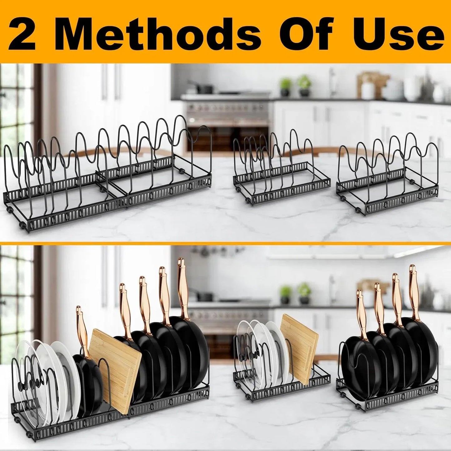 Expandable pot lid organizer rack holding various sizes of lids and cutting boards, adjustable width, ideal for kitchen cabinet or countertop storage