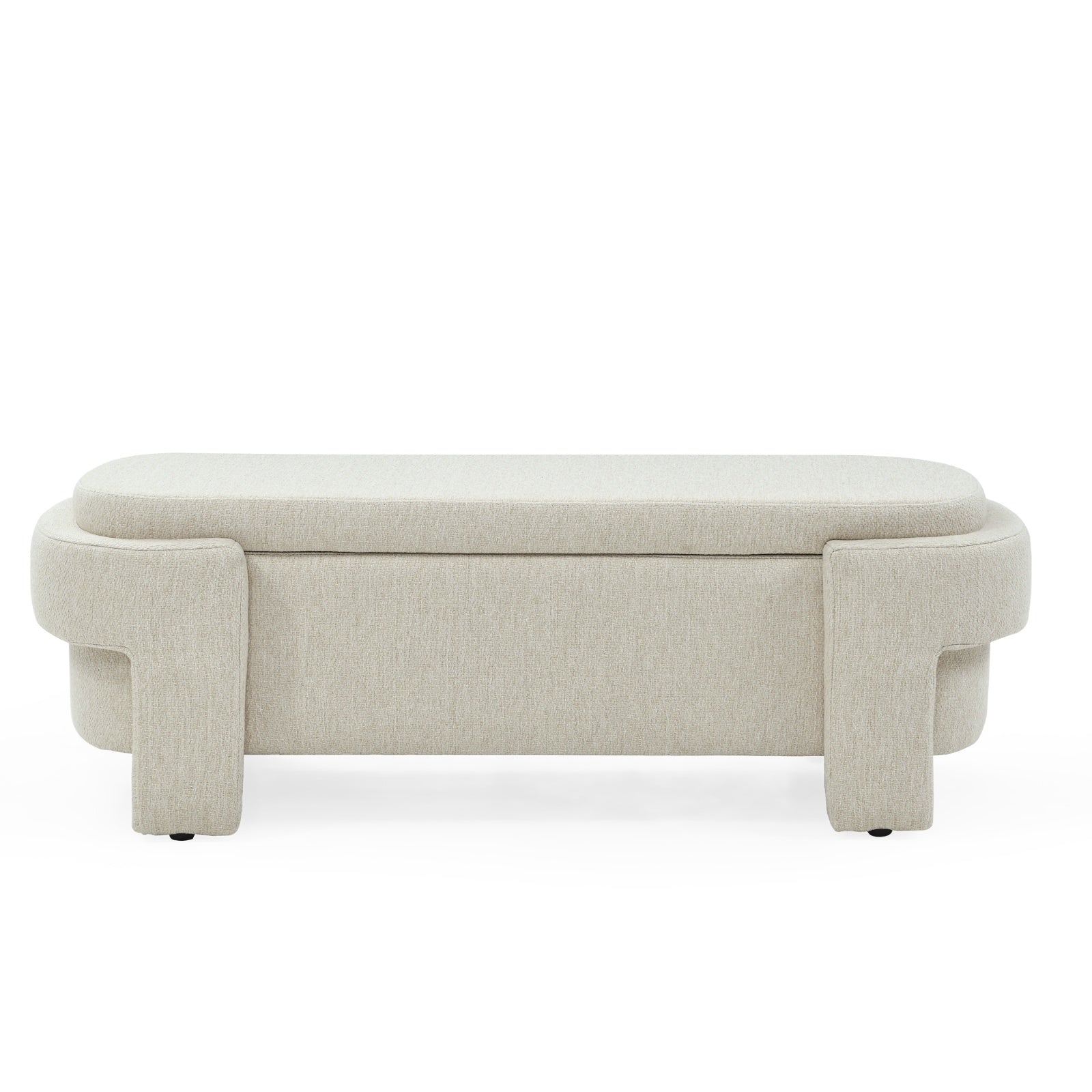 Beige linen fabric storage bench with cushioned seat and hidden compartment for living room or entryway organization