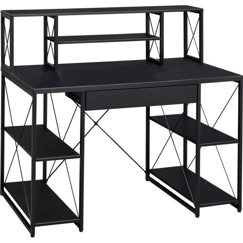 Sleek black office desk with open shelves, hutch, and drawer—features wood surface and sturdy metal sled base, ideal for organized home office or studio workspace