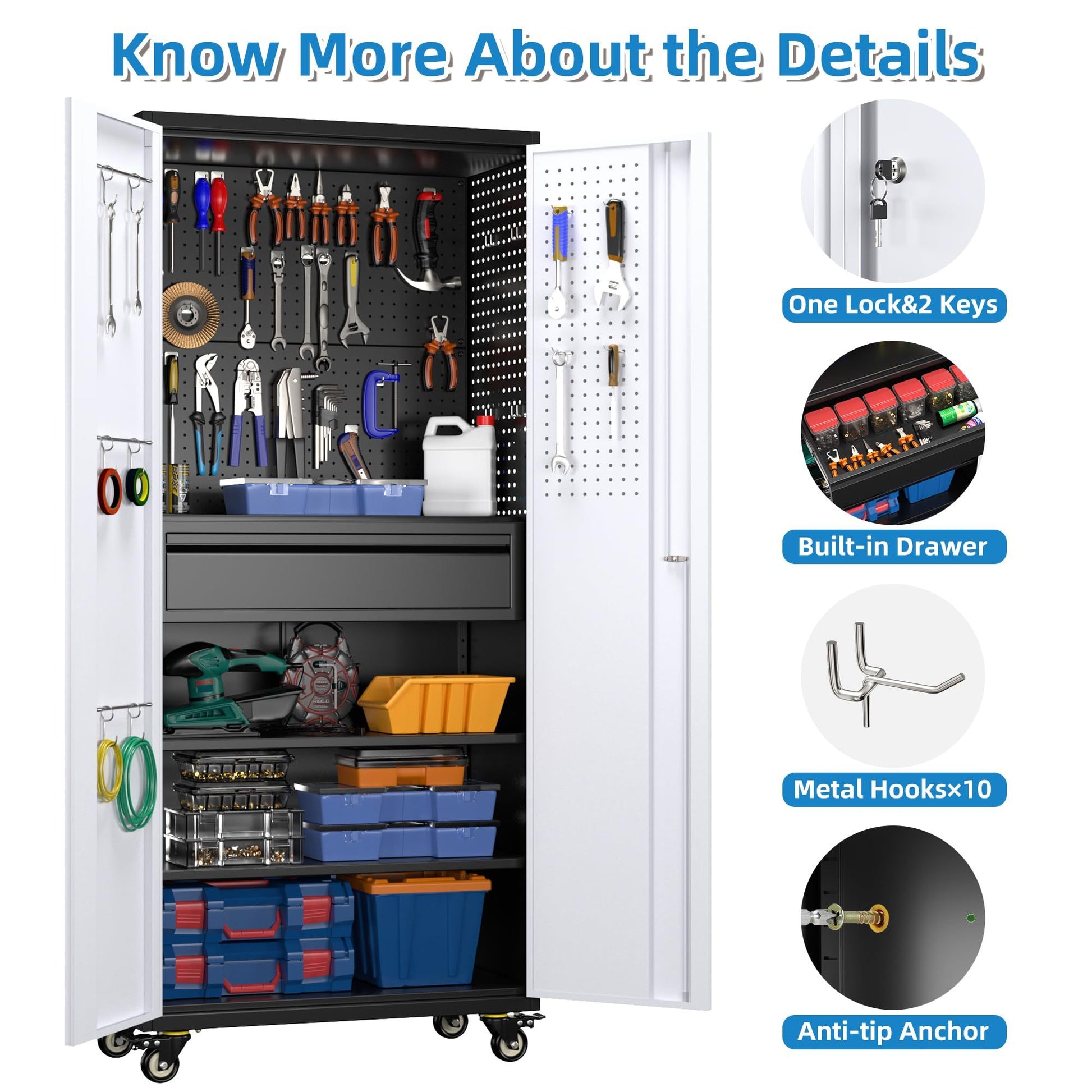 71-inch tall black and gray metal storage cabinet with lockable doors and caster wheels for mobile heavy-duty organization in workshop or garage