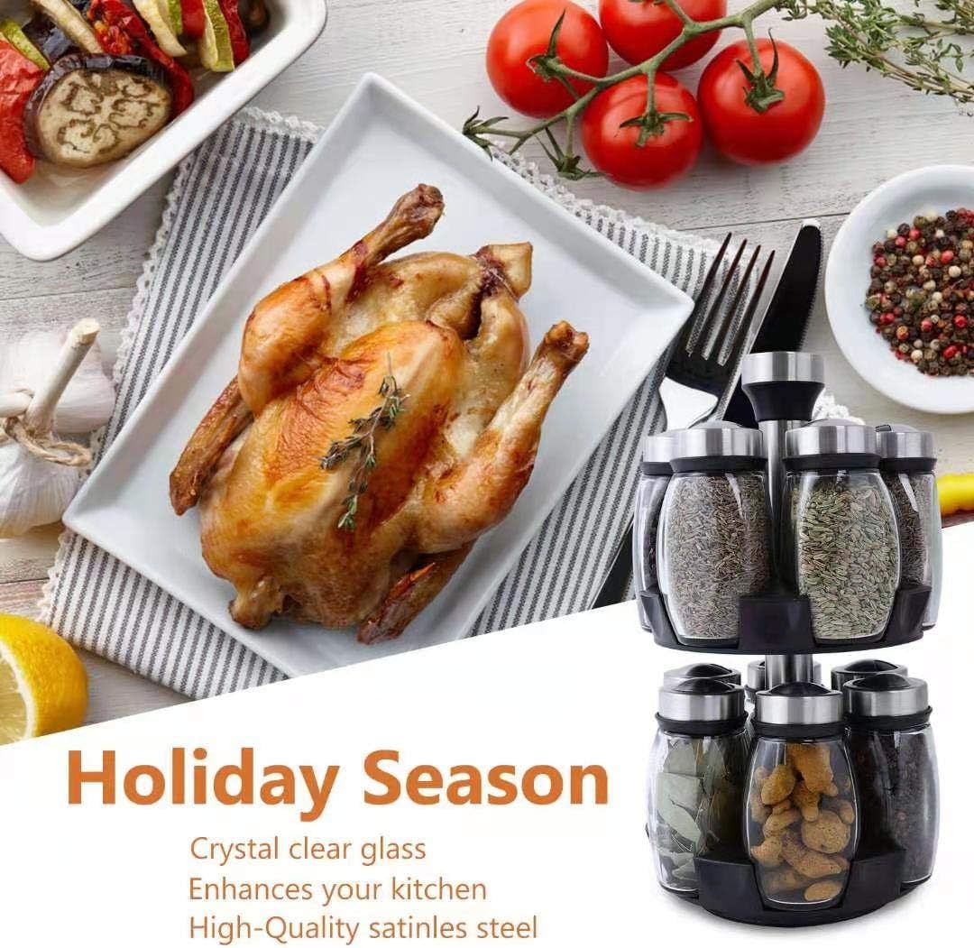 Revolving spice rack organizer with 12 glass jars, rotating countertop storage for kitchen spices and herbs