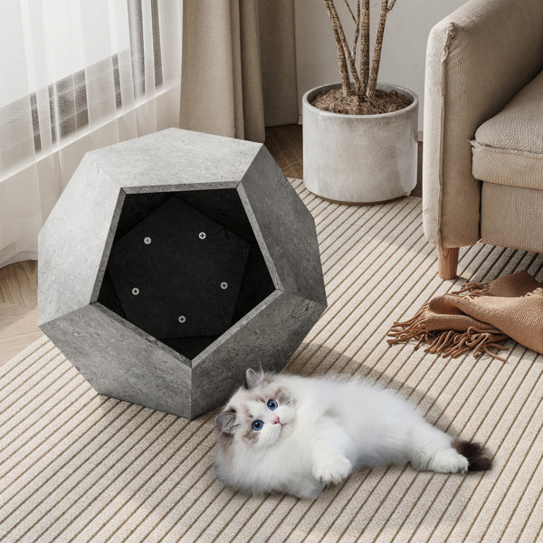 25.98 inch modern cement gray pet furniture cat rack side table made of durable MDF with cozy nest hole, sturdy design supporting up to 165 lbs, easy to assemble and clean