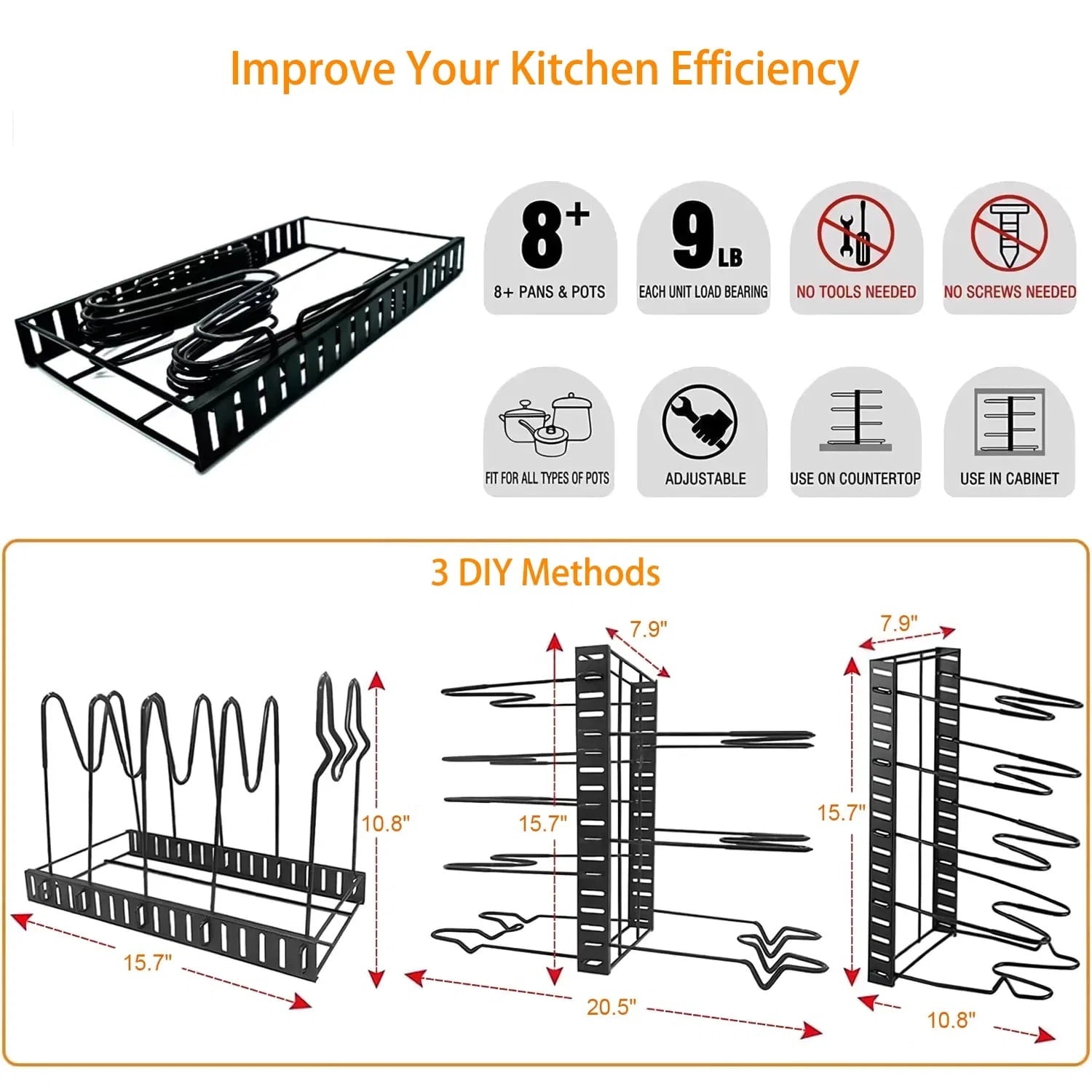 8-tier pot and pan organizer rack with lid holder, durable kitchen cabinet storage solution for cookware, space-saving vertical design