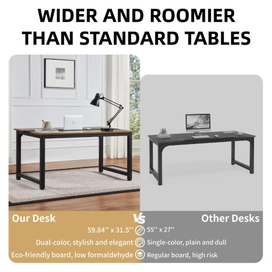 Large rustic black computer desk with metal frame, available in 60-inch and 71-inch sizes, featuring a spacious wooden desktop, minimalist design, and sturdy steel legs with adjustable pads—ideal for office, gaming, or study use