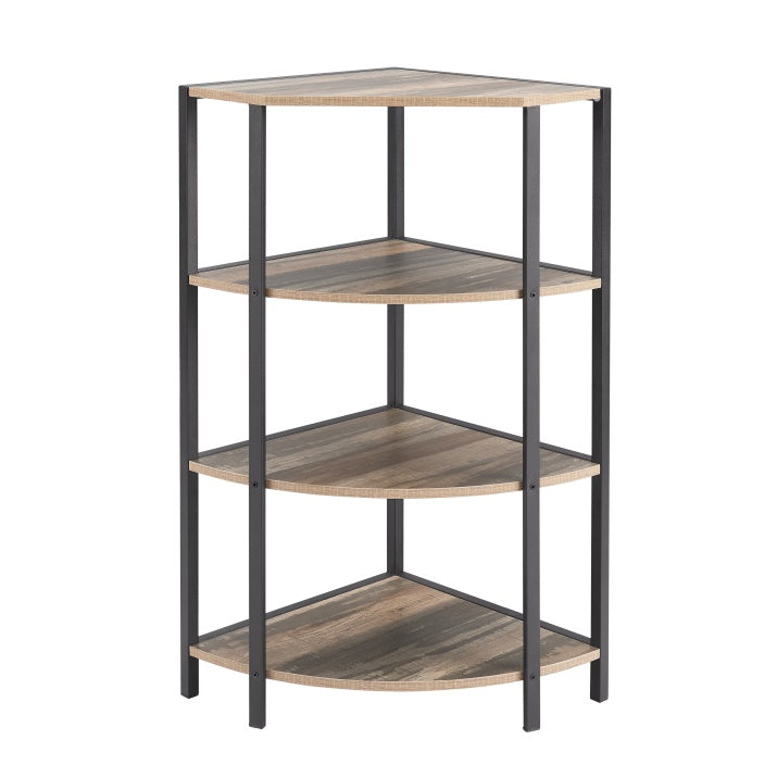 Black and brown 4-tier corner shelf with a modern-rustic design, featuring four open particle board shelves arranged in a vertical structure that fits neatly into a corner; ideal for storing books, plants, or decorative items in kitchens, home offices, living rooms, or small spaces.