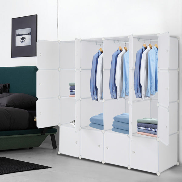 White 16-cube modular plastic storage organizer with doors and hanging rods, featuring stackable DIY design for closet, bedroom, or entryway organization; includes steel frame and customizable layout for clothes, shoes, and household items