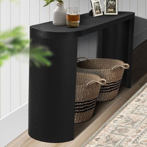 60-inch entryway table with thick wooden top and elegant curved legs, featuring flexible inward and outward installation, ideal for sofas, hallways, and entryways
