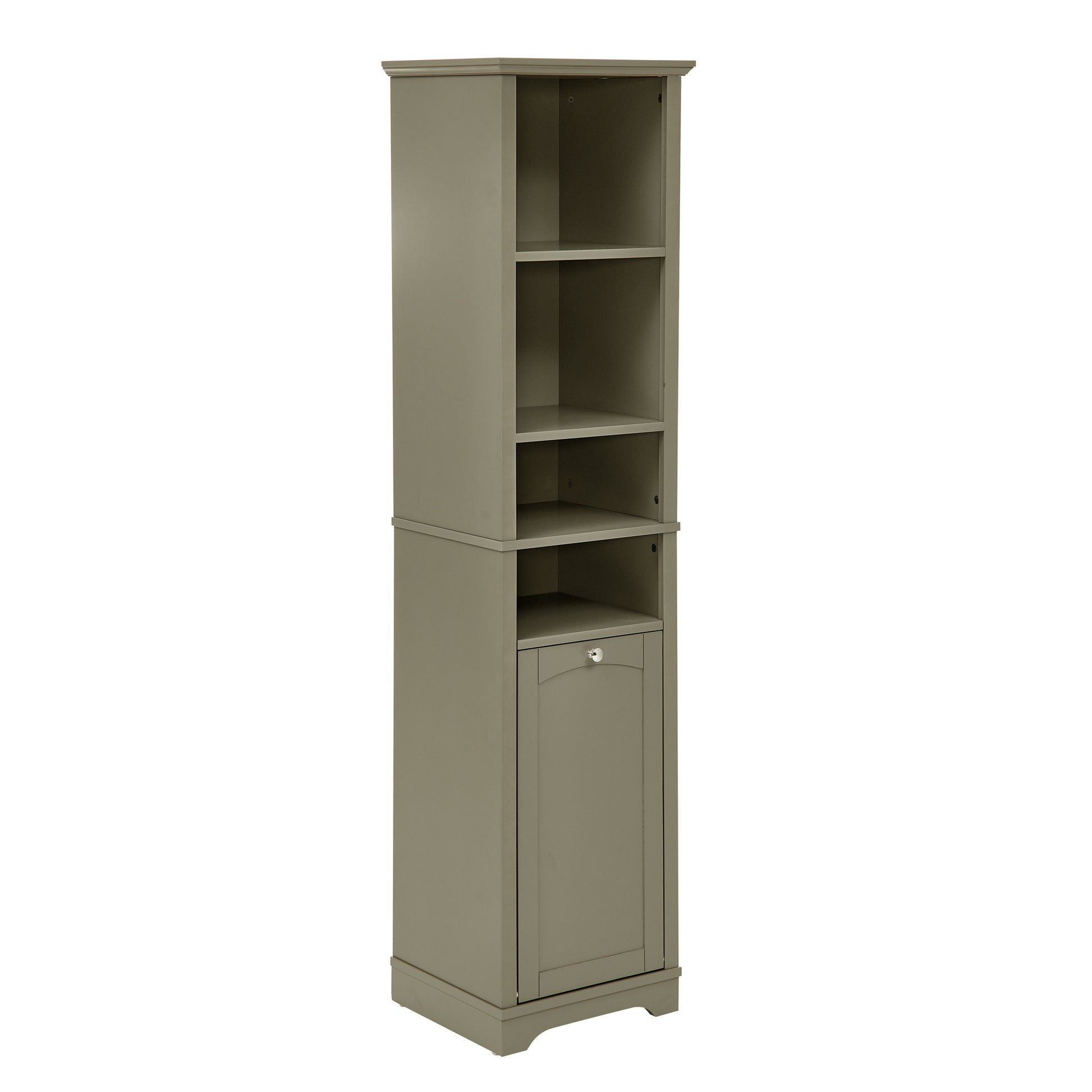 Slim 64-inch tall gray storage cabinet with four open shelves and built-in laundry hamper, ideal for bathrooms, kitchens, or small spaces
