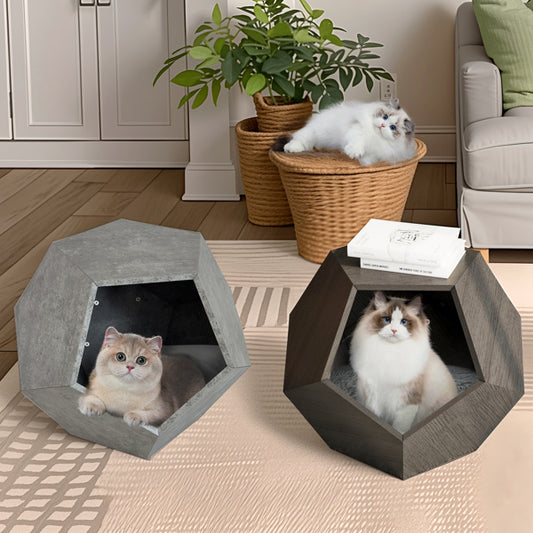 25.98 inch modern cement gray pet furniture cat rack side table made of durable MDF with cozy nest hole, sturdy design supporting up to 165 lbs, easy to assemble and clean