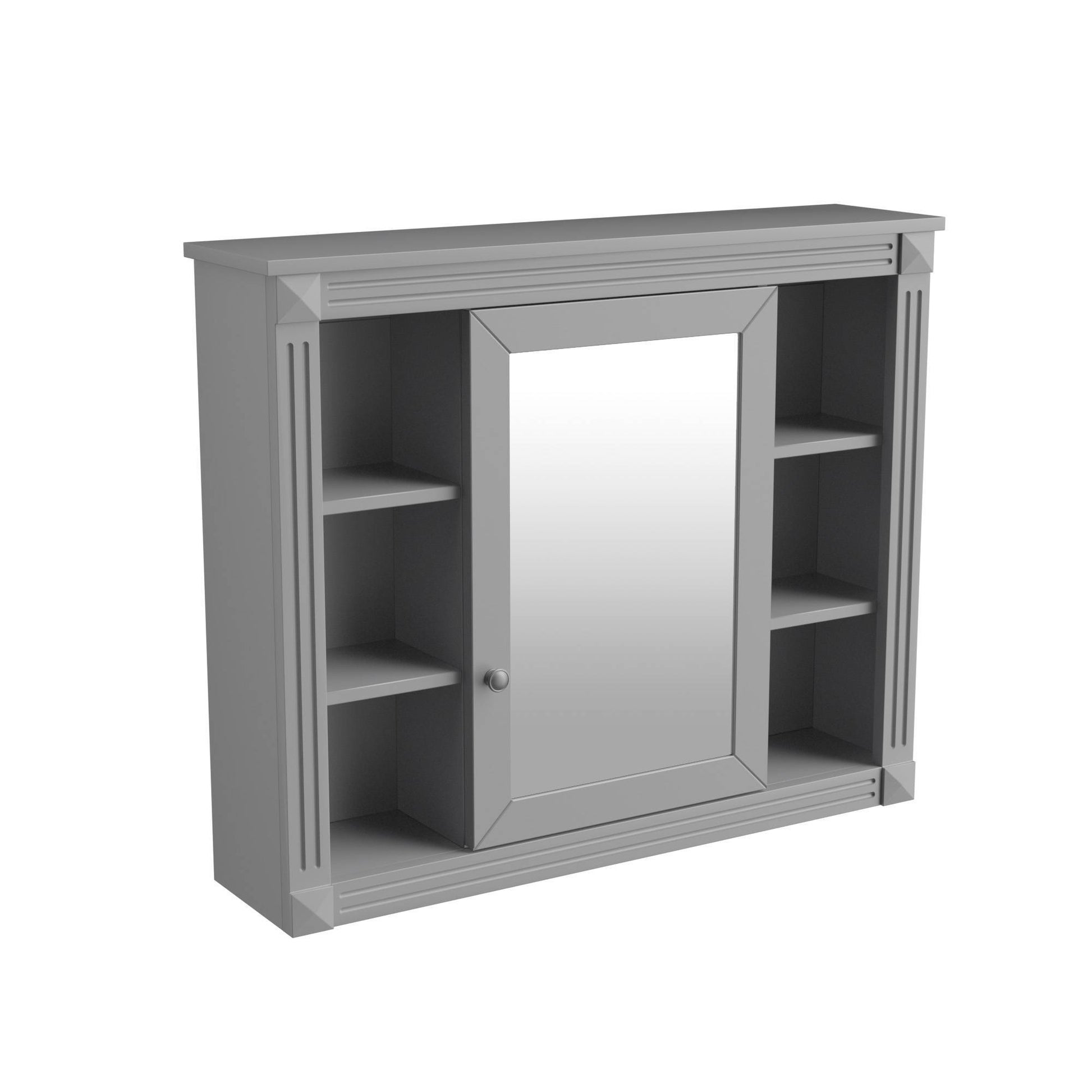 Modern white wall-mounted bathroom storage cabinet with mirrored doors and open center shelf – sleek MDF design with multiple interior compartments for organized bathroom storage.