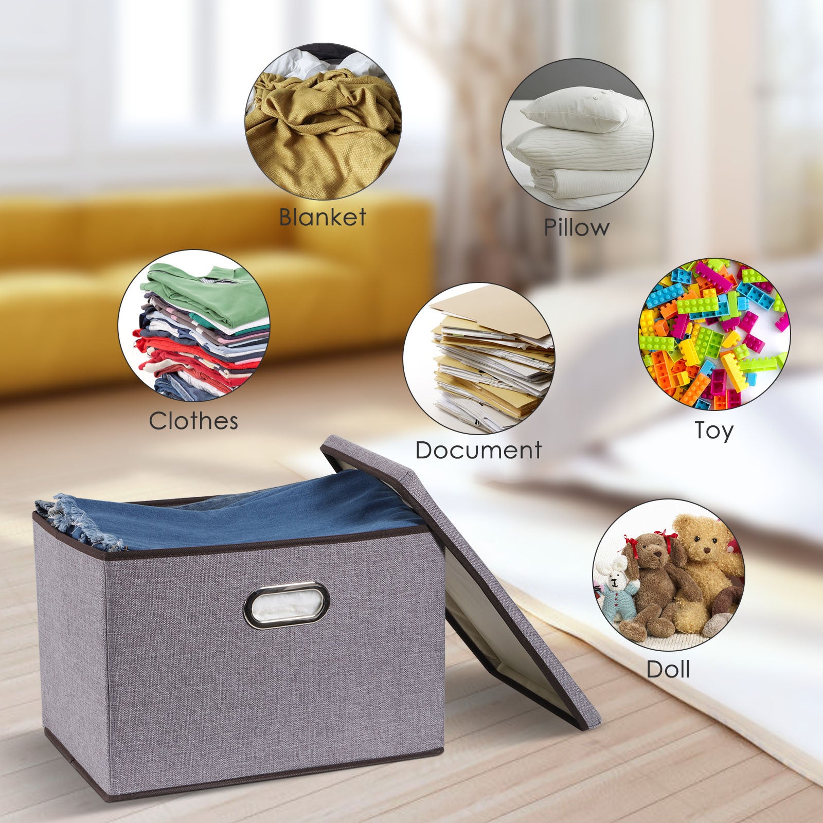 Foldable cotton and linen storage boxes in neutral color, measuring 44×30×30 cm, with soft fabric texture, reinforced sides, and durable non-woven lining; available in 3 or 5-piece sets for organizing clothes, bedding, or household items