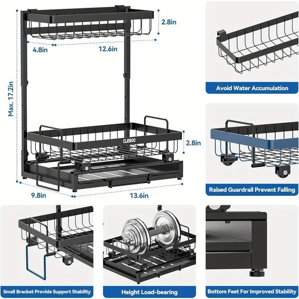 Black 2-tier slide-out under sink organizer with metal L-shaped shelves, smooth sliding bottom drawer on pulleys, ideal for kitchen and bathroom storage of cleaning supplies and spices.