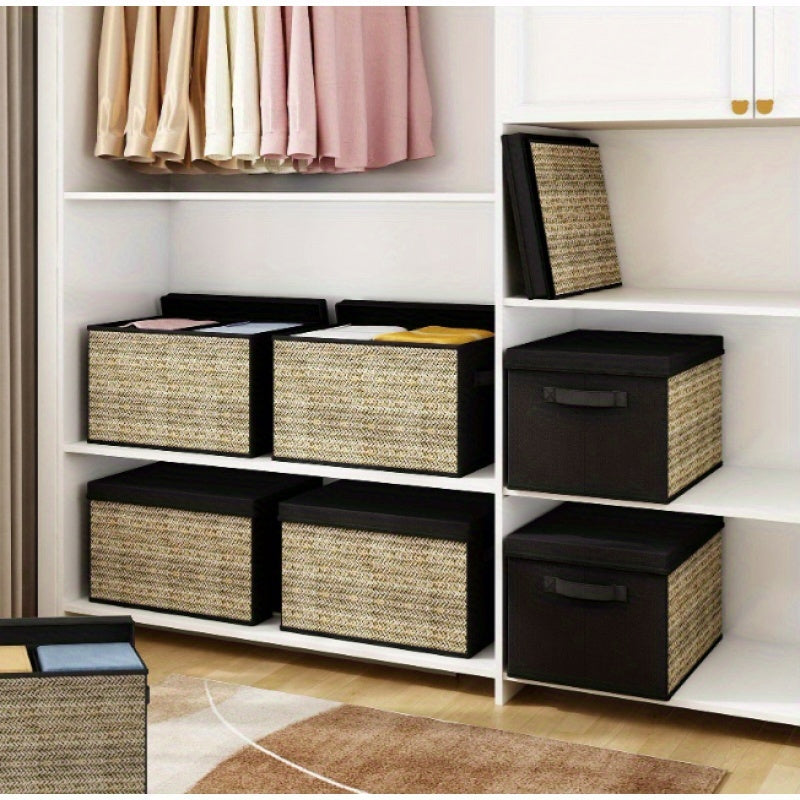 Set of four green rattan-style foldable storage bins with matching lids and built-in handles; lightweight, decorative, and ideal for organizing closets, shelves, or home offices — non-waterproof design.