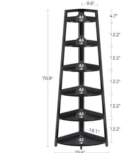 Roland Star 6-tier A-shaped corner shelf with fenced wooden shelves and black metal frame, ideal for books, plants, and decor storage in compact living spaces