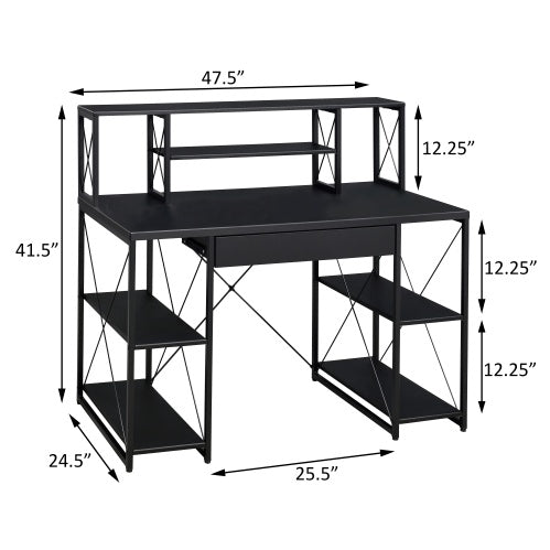 Sleek Black Office Desk with Open Shelves and Hutch for Organized Workspace