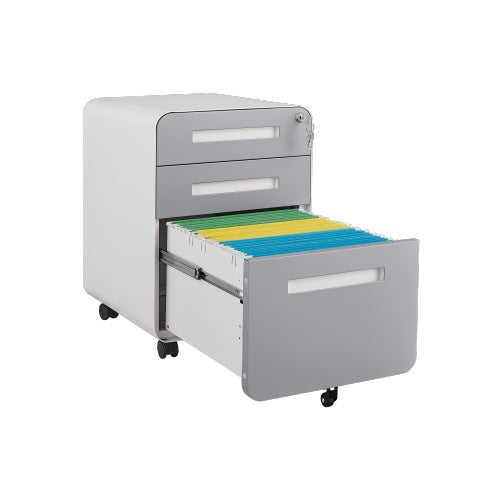 Modern 3-drawer mobile filing cabinet in white and grey cold-rolled steel, with central lock, full-extension drawers, and 5-wheel base—fits A4, letter, and legal files, ideal for home or office use.