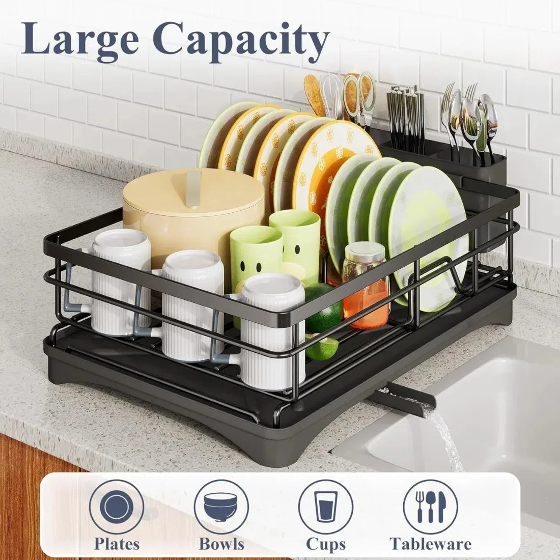 2-piece kitchen organizer set with large-capacity dish drying rack holding plates, bowls, cups, and utensils, plus sliding 2-tier under-sink shelf with suction cups for stable, space-saving storage in kitchen or bathroom