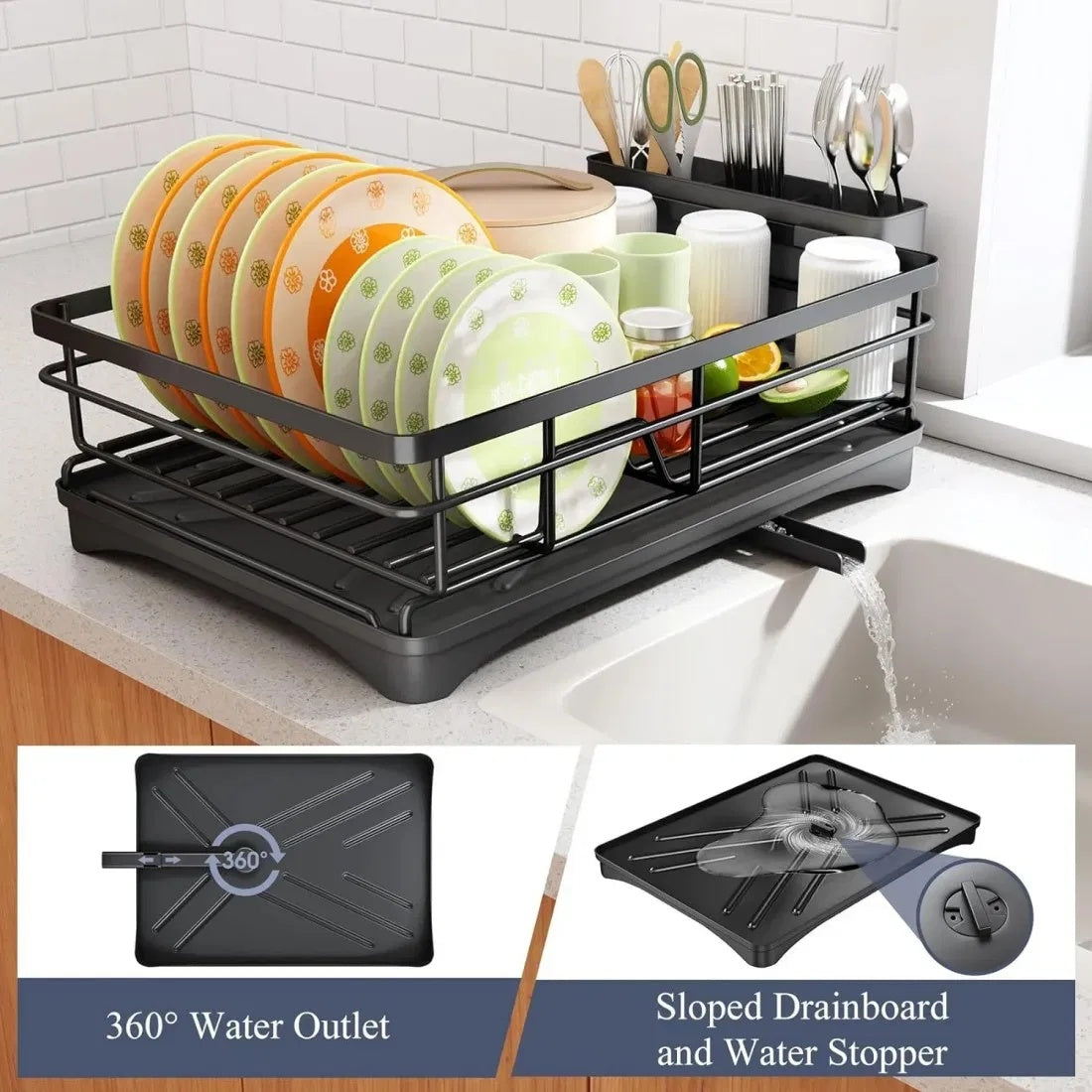 2-piece kitchen organizer set with large-capacity dish drying rack holding plates, bowls, cups, and utensils, plus sliding 2-tier under-sink shelf with suction cups for stable, space-saving storage in kitchen or bathroom