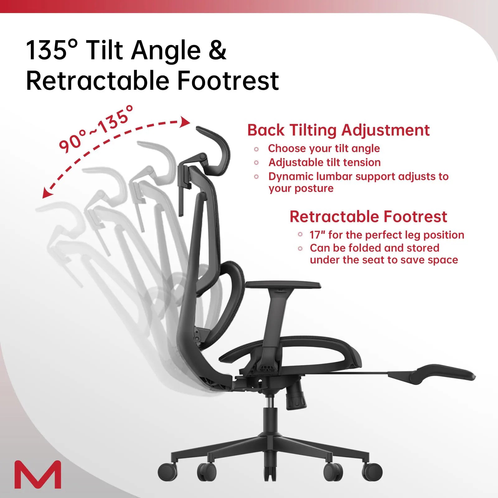 High-back ergonomic black office chair with adaptive lumbar support, fully adjustable 3D armrests, reclining mechanism, 3D headrest, retractable footrest, and sturdy metal mesh frame supporting up to 300 lbs