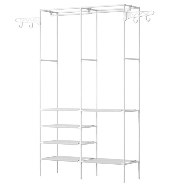 4-Tier Closet Organizer Shelf with Hanging Rods and Side Hooks – Space-Saving Fabric Wardrobe for Bedroom or Laundry Room