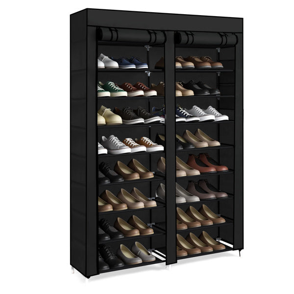 Black 10-tier shoe cabinet with slim vertical design and double-row storage shelves, ideal for organizing multiple pairs of shoes in small entryways, closets, or hallways