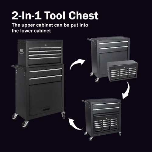 8-drawer rolling tool chest with detachable top toolbox, sturdy metal construction, mobile tool storage cart with caster wheels for easy workshop organization