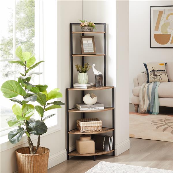 Modern 6-tier rustic brown corner bookshelf with open shelves, ideal for small spaces, displaying books, plants, and decorative items, made from durable wood