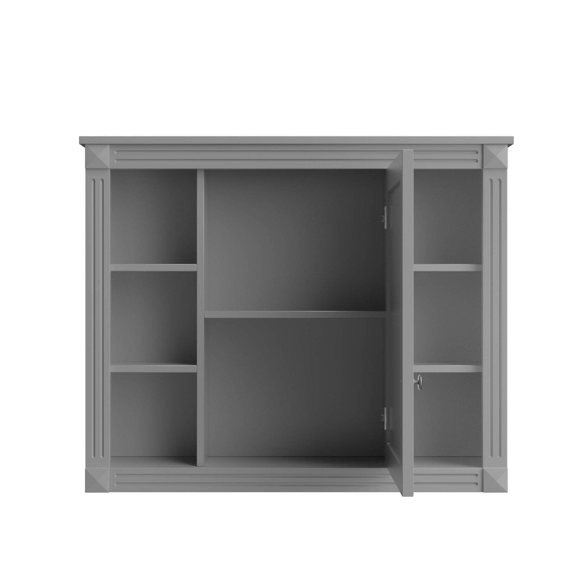 Modern white wall-mounted bathroom storage cabinet with mirrored doors and open center shelf – sleek MDF design with multiple interior compartments for organized bathroom storage.