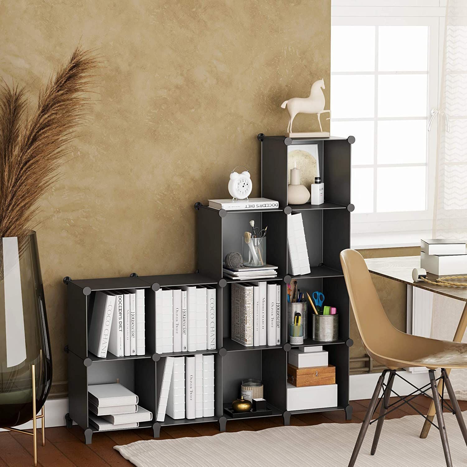 Customizable modular cube storage cabinet with 4 to 16 plastic grid compartments, ideal for organizing clothes, books, shoes, or toys; lightweight, stackable design for bedroom, closet, or office use