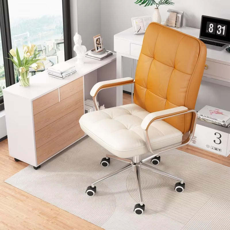 Ergonomic leather office chair with swivel and height lift, aluminum frame, designed as an executive study desk chair for comfort and adjustability