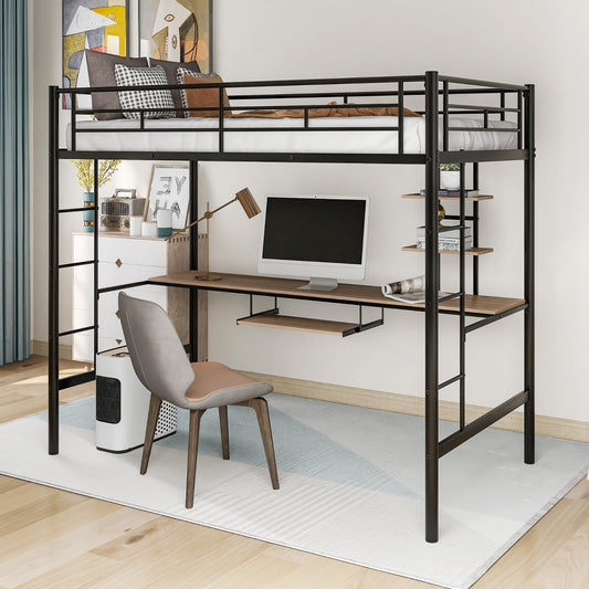 Black twin loft bed with metal frame, integrated desk and shelf underneath, ladder, and guardrail – space-saving bedroom furniture