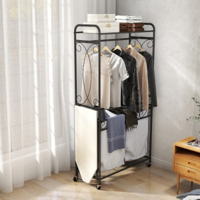 Multi-functional laundry hamper organizer with metal frame, storage shelves, hanging rail, and rolling wheels—space-saving design for laundry rooms, bedrooms, or bathrooms