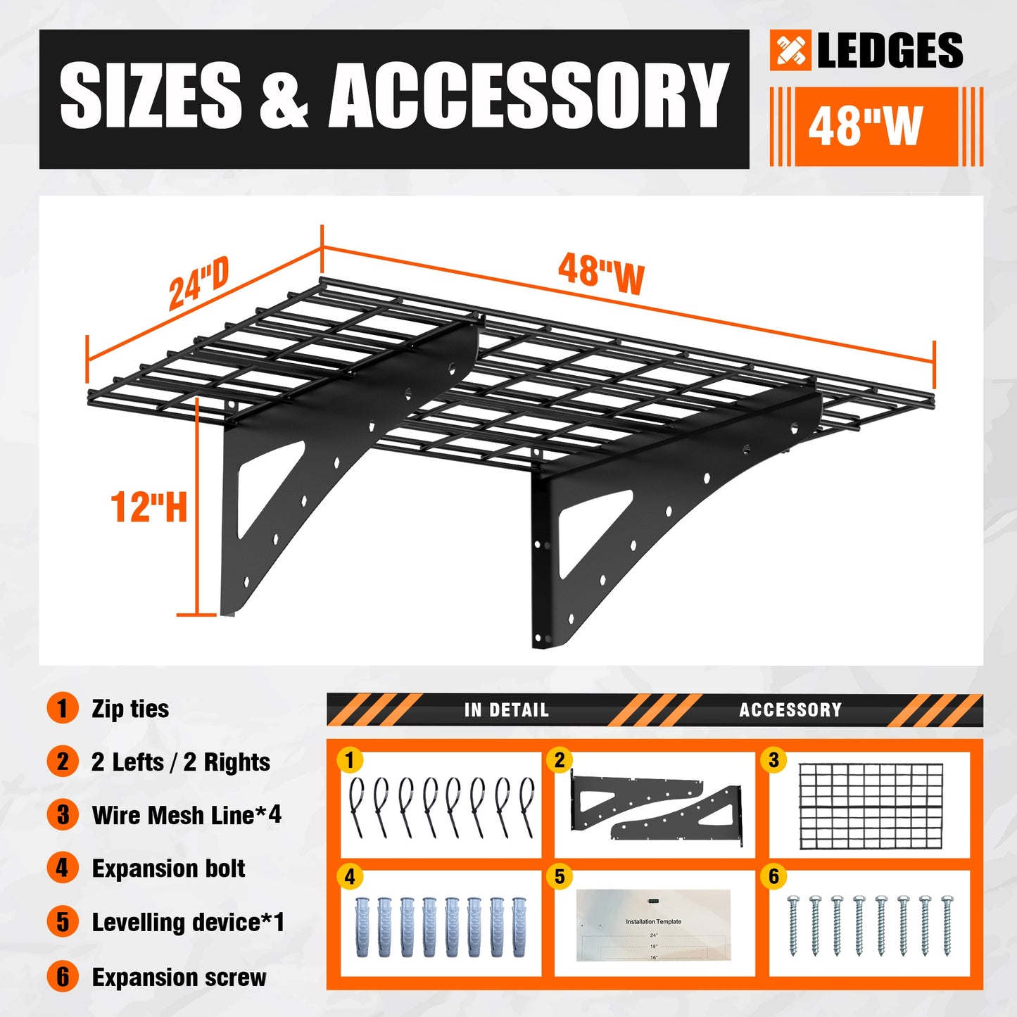 24x48 Inch Wall-Mounted Heavy-Duty Metal Shelf – 2-Pack, Black