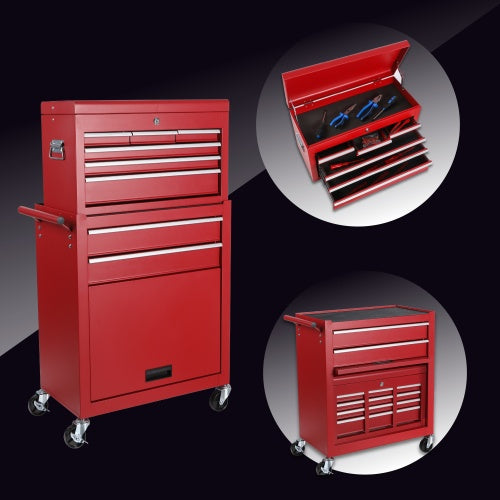 8-drawer rolling tool chest with detachable top toolbox, sturdy metal construction, mobile tool storage cart with caster wheels for easy workshop organization