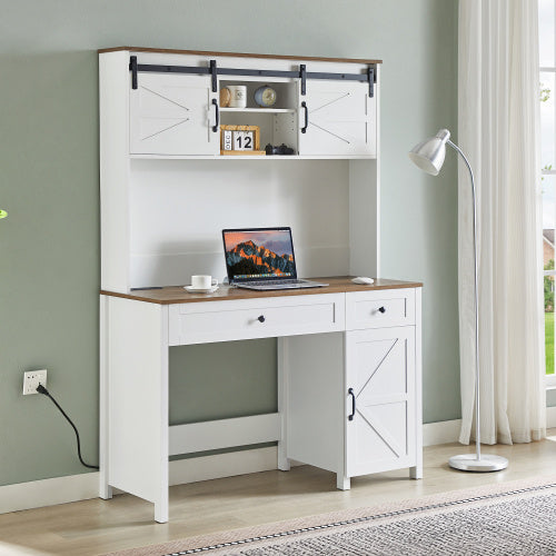 White rustic farmhouse wooden home office desk made of particle board with built-in charging station, dimensions 47.2" L x 19.7" W x 67.9" H