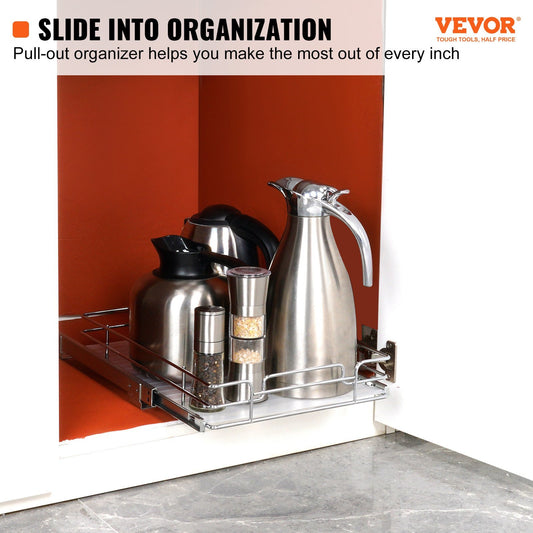 VEVOR heavy-duty pull-out cabinet organizer with smooth slide-out drawer, durable metal construction, ideal for kitchen or bathroom storage and space optimization