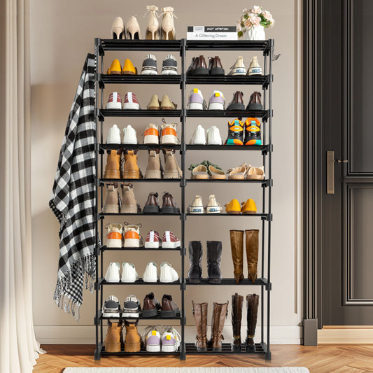 Black double-row 9-tier shoe rack with handles, featuring a sturdy iron frame and non-woven fabric shelves, designed for efficient vertical shoe storage in entryways or closets