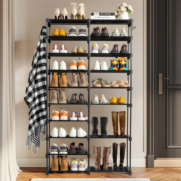 Black double-row 9-tier shoe rack with handles, featuring a sturdy iron frame and non-woven fabric shelves, designed for efficient vertical shoe storage in entryways or closets