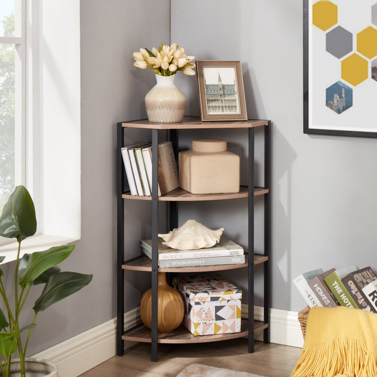 Black and brown 4-tier corner shelf with a modern-rustic design, featuring four open particle board shelves arranged in a vertical structure that fits neatly into a corner; ideal for storing books, plants, or decorative items in kitchens, home offices, living rooms, or small spaces.