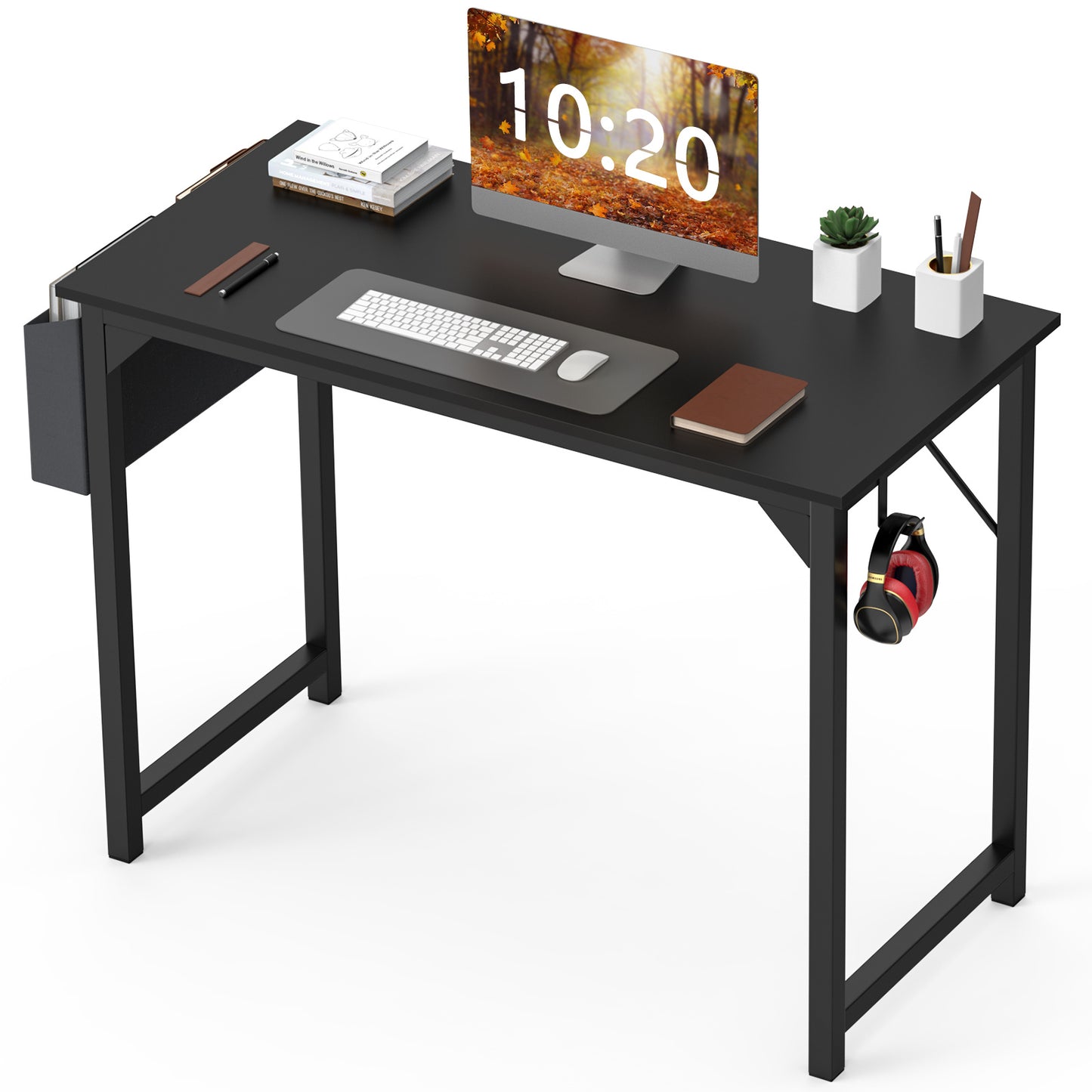 Modern minimalist computer desk with rustic oak finish, metal frame, side storage bag, and hook—durable, space-saving workstation for home office or study use