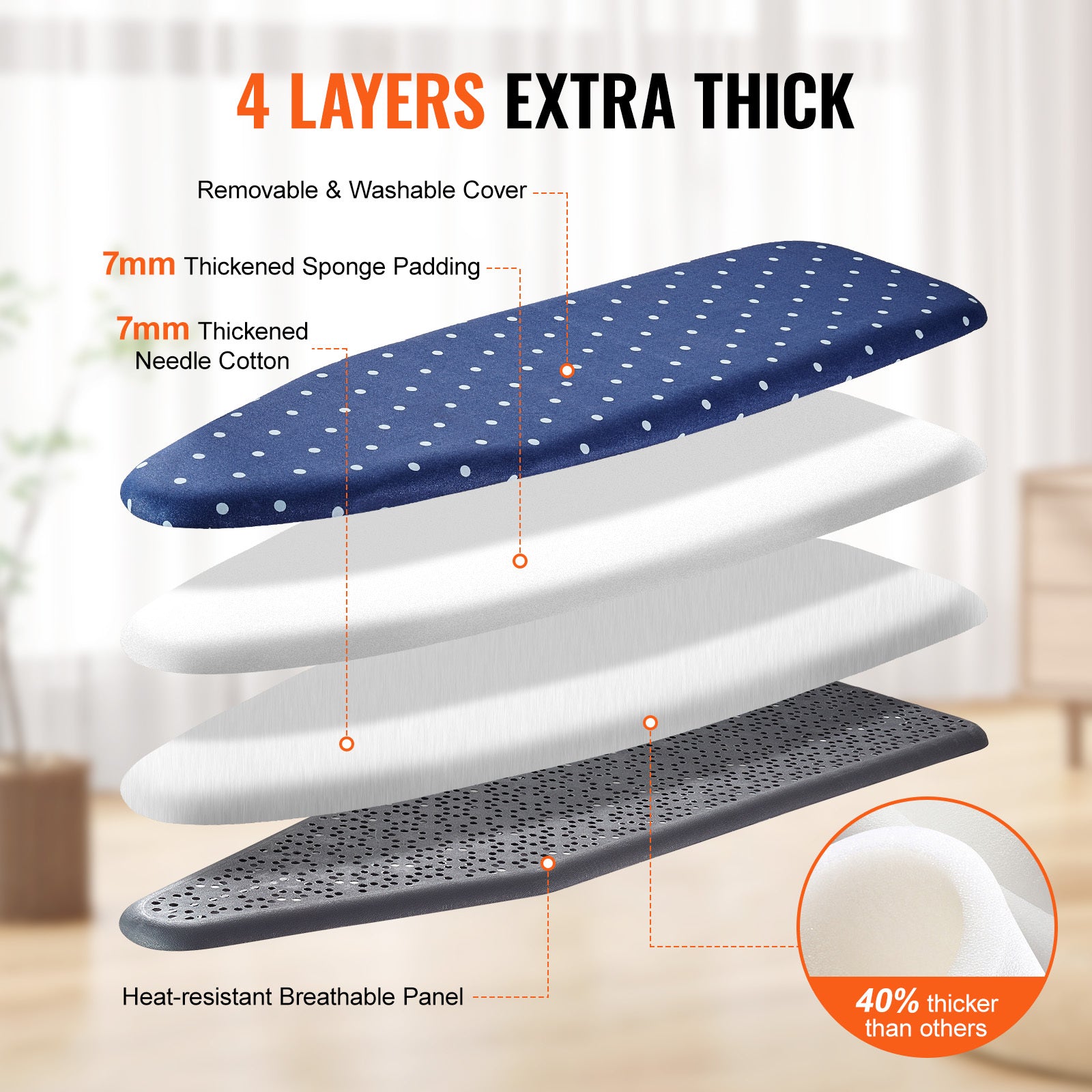 Stack of ironing boards with text highlighting features on a blurred indoor background