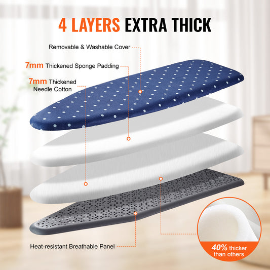 Stack of ironing boards with text highlighting features on a blurred indoor background