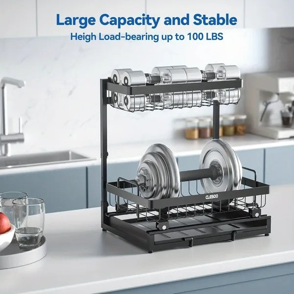 Black 2-tier slide-out under sink organizer with metal L-shaped shelves, smooth sliding bottom drawer on pulleys, ideal for kitchen and bathroom storage of cleaning supplies and spices.