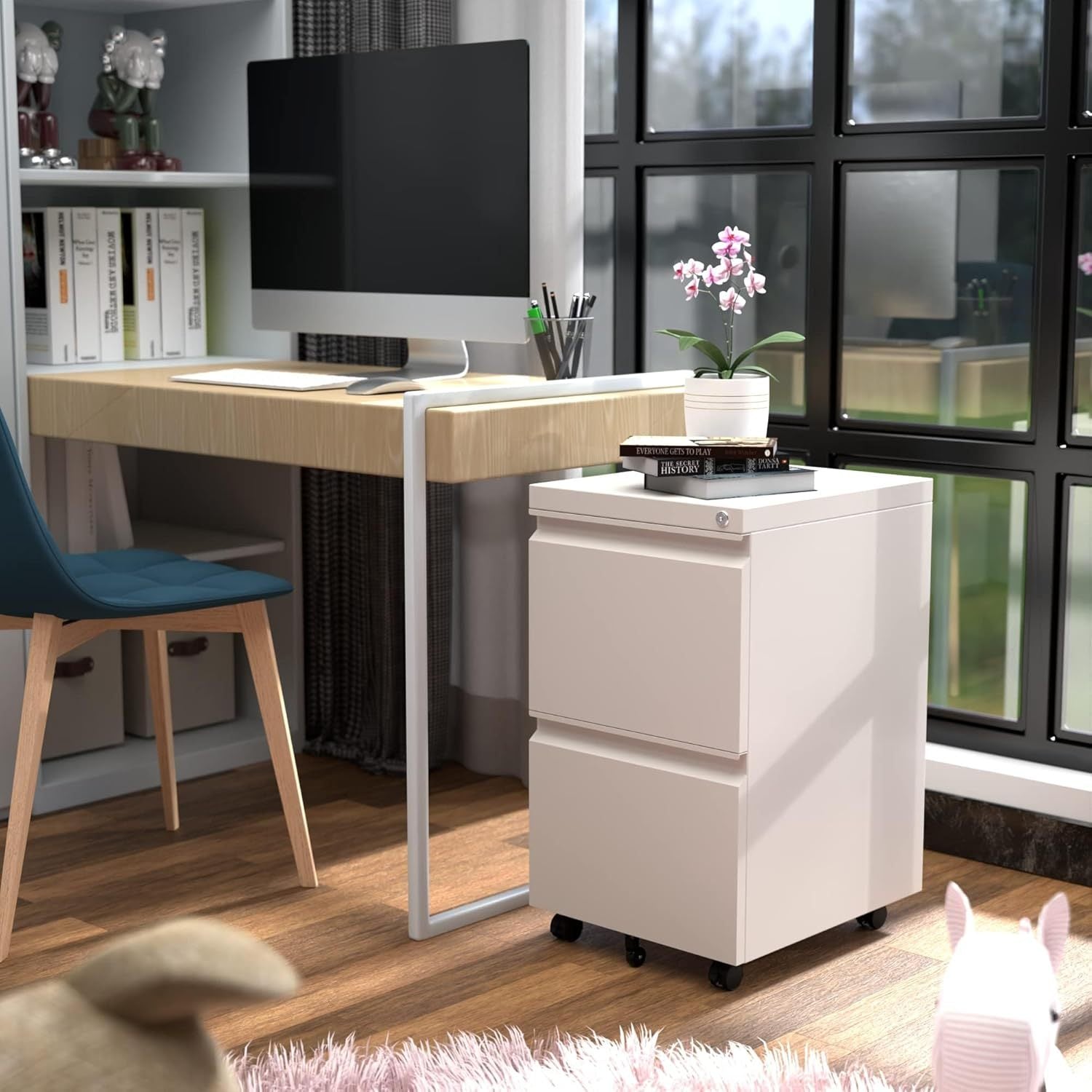 White metal 2-drawer office file cabinet by Aobabo with lock, hanging file storage for legal, letter, and A4 documents, fully assembled with wheels for under-desk use and enhanced mobility.