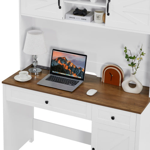 White rustic farmhouse wooden home office desk made of particle board with built-in charging station, dimensions 47.2" L x 19.7" W x 67.9" H