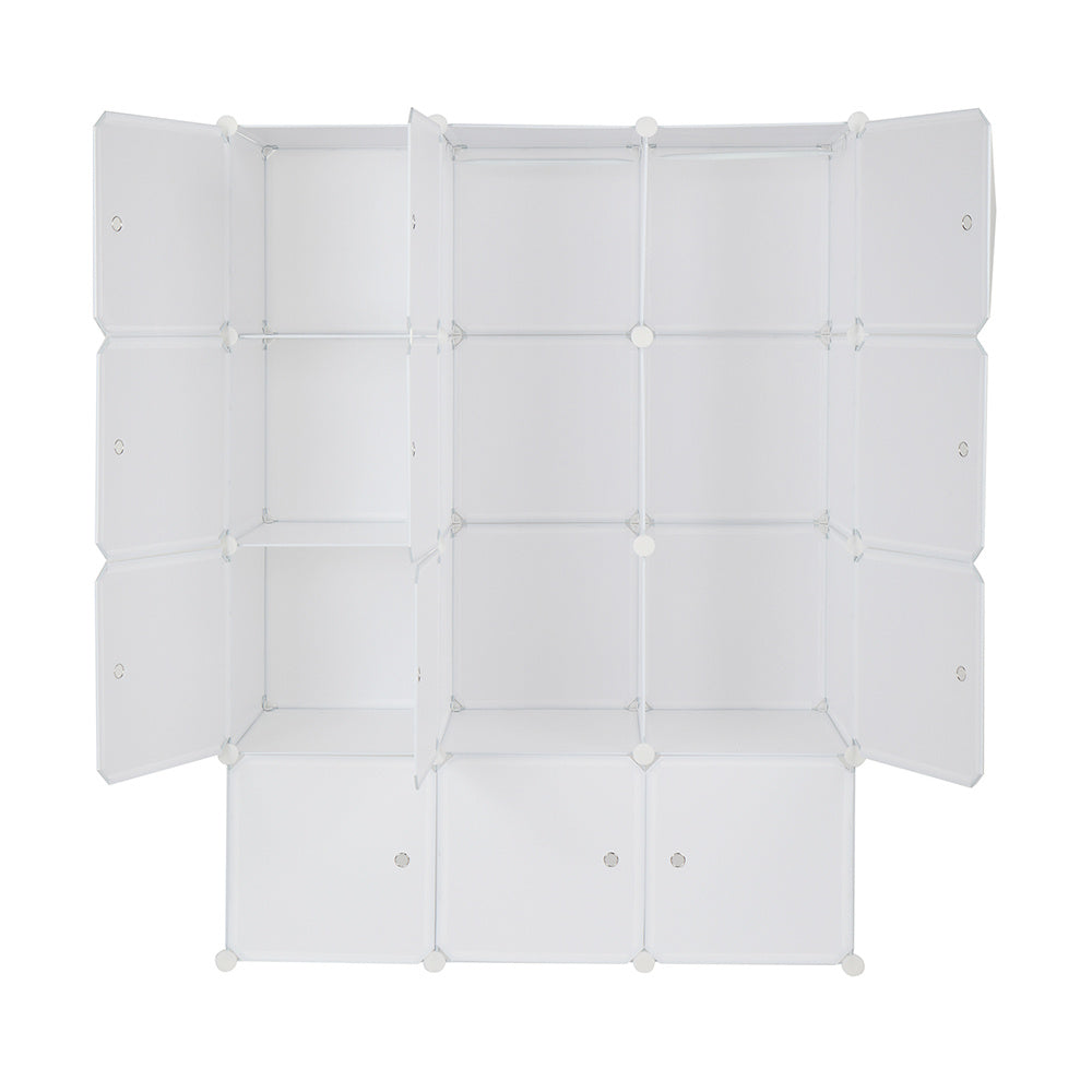 "White 12-cube modular plastic storage organizer with customizable layout and built-in hanging rod, featuring stackable DIY closet shelves for organizing clothes, shoes, toys, and household items.