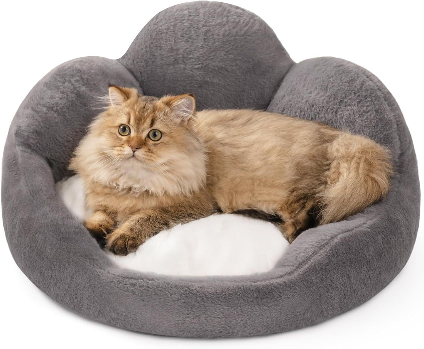 MEWOOFUN Washable Fluffy Cat & Small Dog Bed – Indoor Cat Couch with Non-Slip Bottom, Flower Design, Perfect for Puppies & Kittens (Grey)