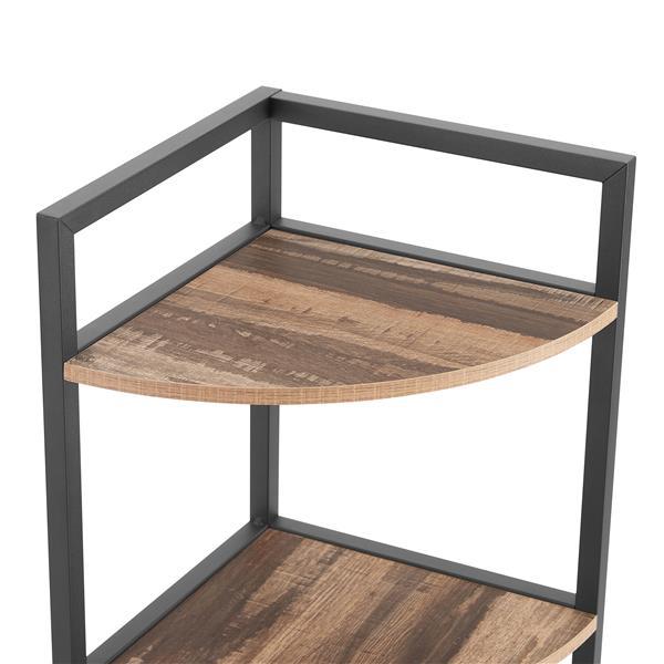 Modern 6-tier rustic brown corner bookshelf with open shelves, ideal for small spaces, displaying books, plants, and decorative items, made from durable wood